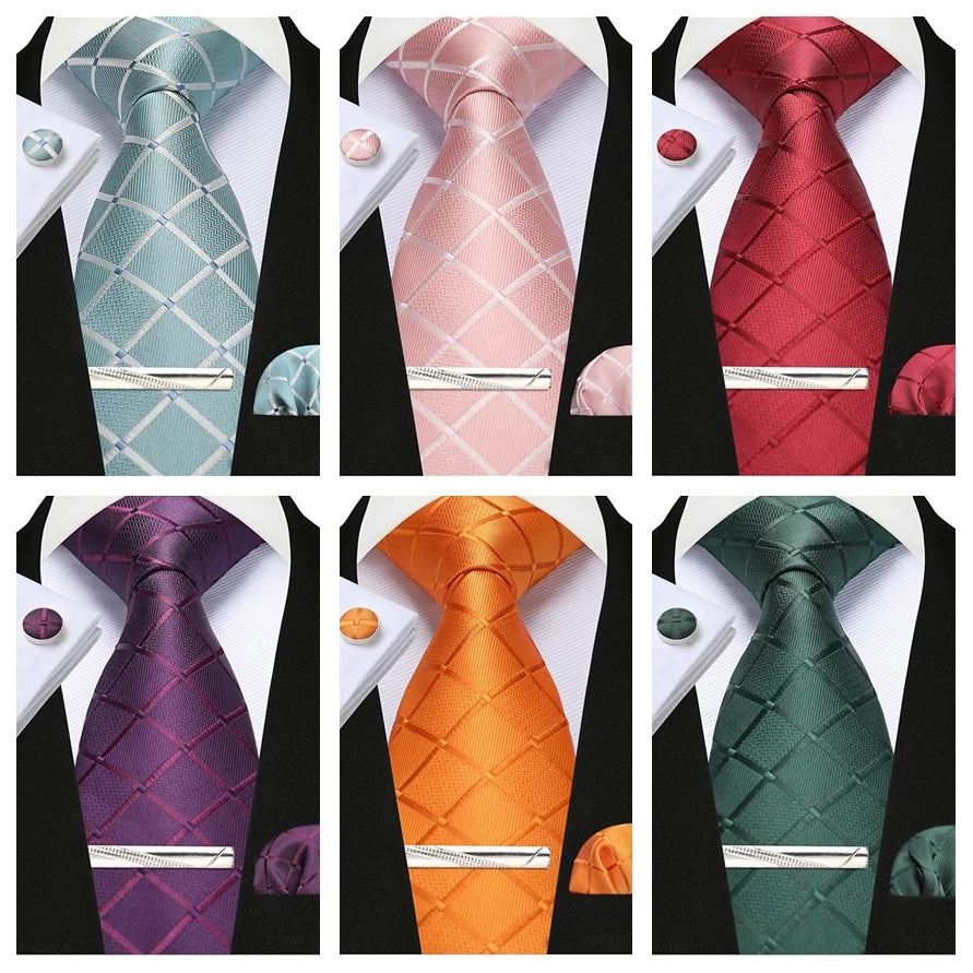 100% Silk Ties for Men Plaid & Checks Tie Clip Handkerchief Woven Classic Men's Necktie Pocket Square Set Formal Wedding Ties